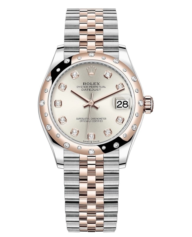 Rolex Datejust 31 Stainless Steel and Rose Gold Silver Diamond Dial Domed Diamond Bezel Women's Watch M278341RBR-0016