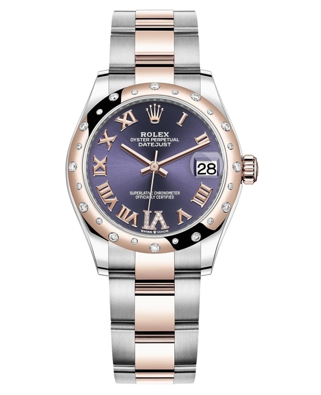 Rolex Datejust 31 Stainless Steel and Rose Gold Aubergine Pave Roman Dial Domed Diamond Bezel Womens Watch M278341RBR0019 M278341RBR0019