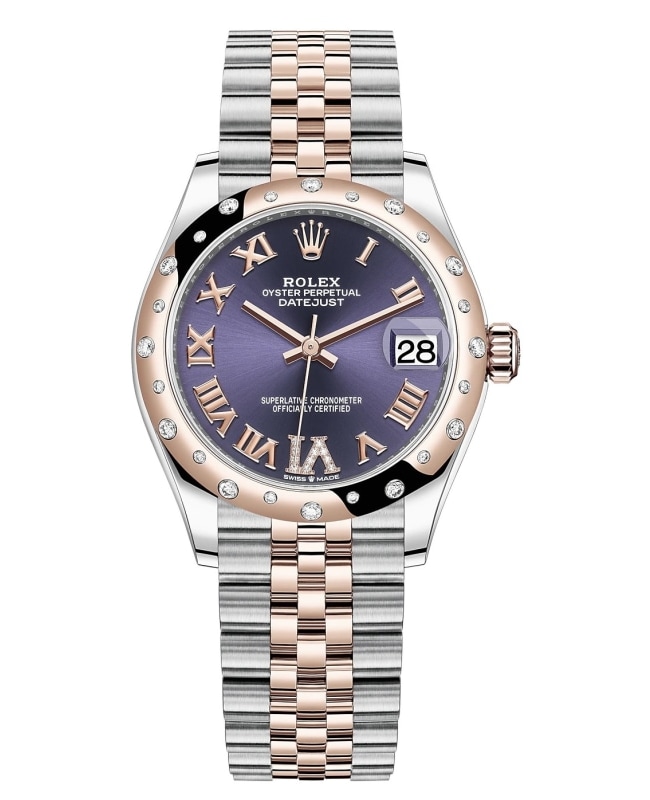 Rolex Datejust 31 Stainless Steel and Rose Gold Aubergine Pave Roman Dial Domed Diamond Bezel Women's Watch M278341RBR-0020