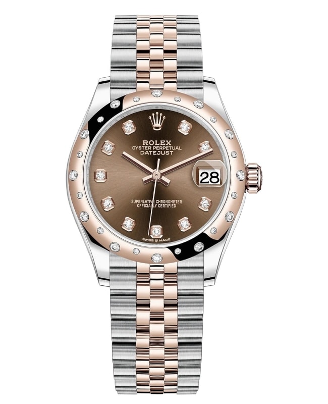 Rolex Datejust 31 Stainless Steel and Rose Gold Chocolate Diamond Dial Domed Diamond Bezel Women's Watch M278341RBR-0028