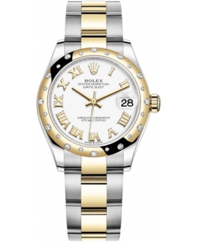 Rolex Datejust 31 Stainless Steel and Yellow Gold White Roman Dial Domed Diamond Bezel Women's Watch M278343RBR-0001