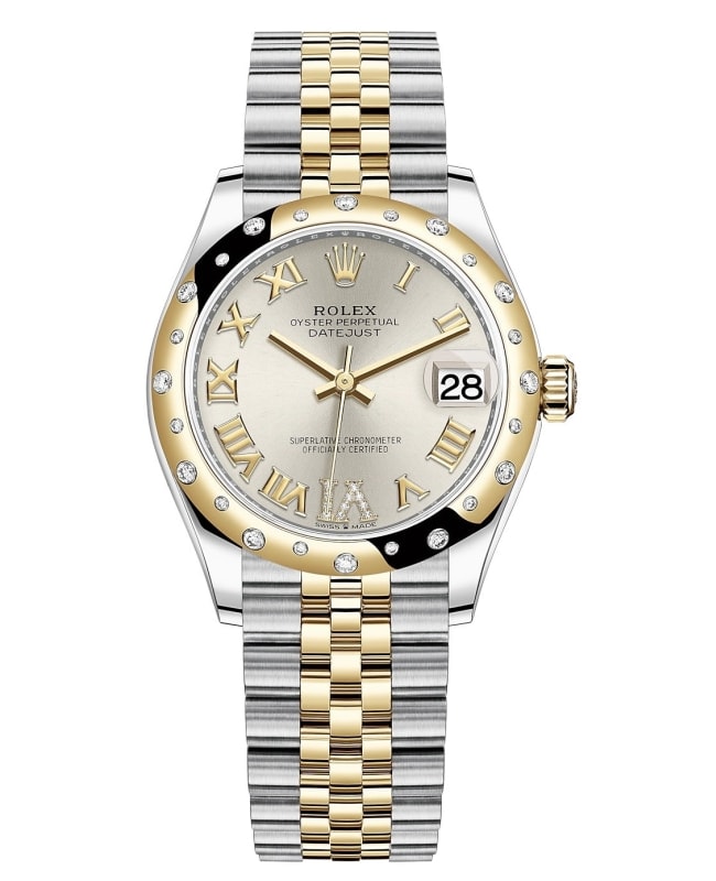 Rolex Datejust 31 Stainless Steel and Yellow Gold Silver Pave Roman Dial Domed Diamond Bezel Women's Watch M278343RBR-0004