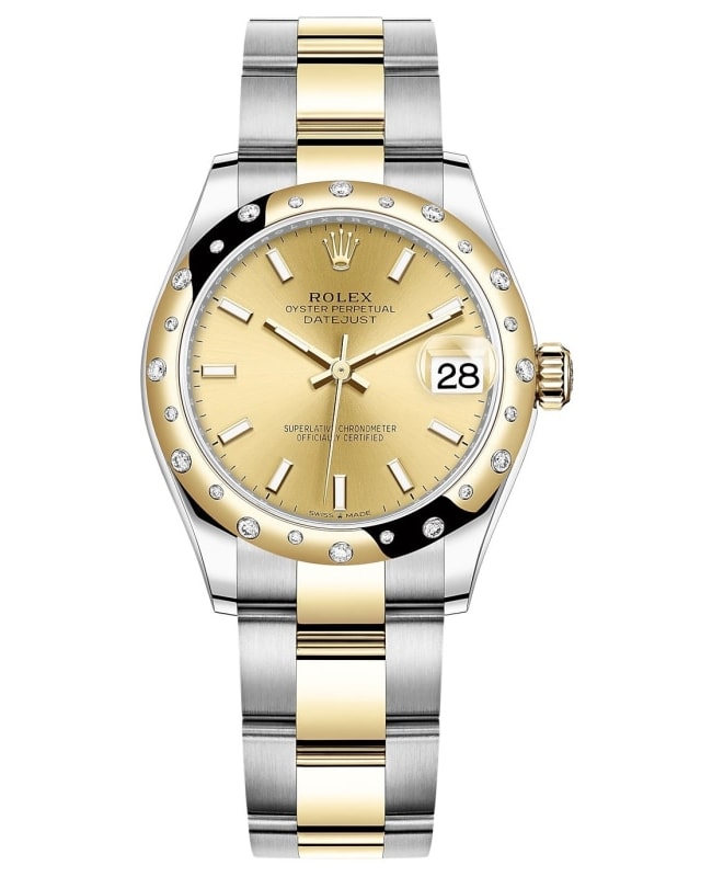 Rolex Datejust 31 Stainless Steel and Yellow Gold Champagne Dial Domed Diamond Bezel Women's Watch M278343RBR-0013