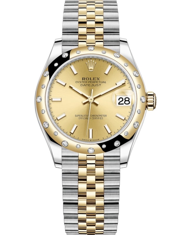 Rolex Datejust 31 Stainless Steel and Yellow Gold Champagne Dial Domed Diamond Bezel Women's Watch M278343RBR-0014