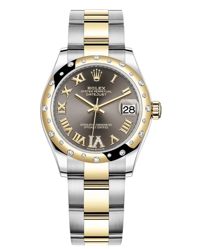 Rolex Datejust 31 Stainless Steel and Yellow Gold Dark Grey Pave Roman Dial Domed Diamond Bezel Women's Watch M278343RBR-0017
