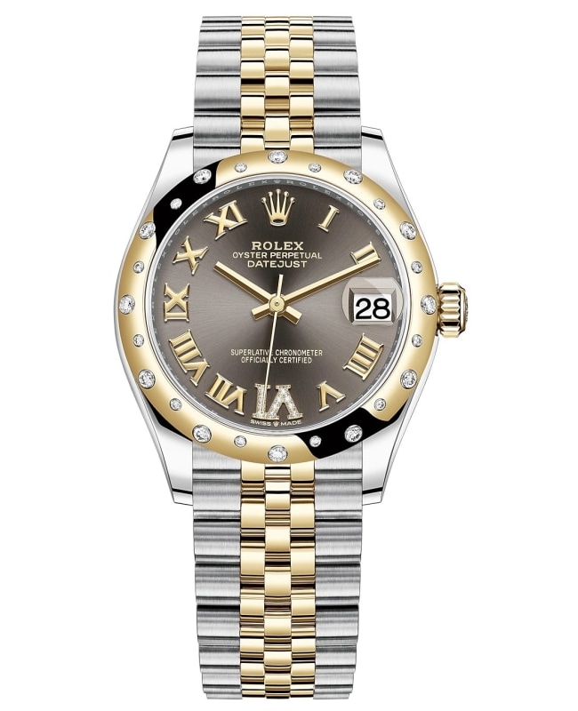 Rolex Datejust 31 Stainless Steel and Yellow Gold Dark Grey Pave Roman Dial Domed Diamond Bezel Women's Watch M278343RBR-0018