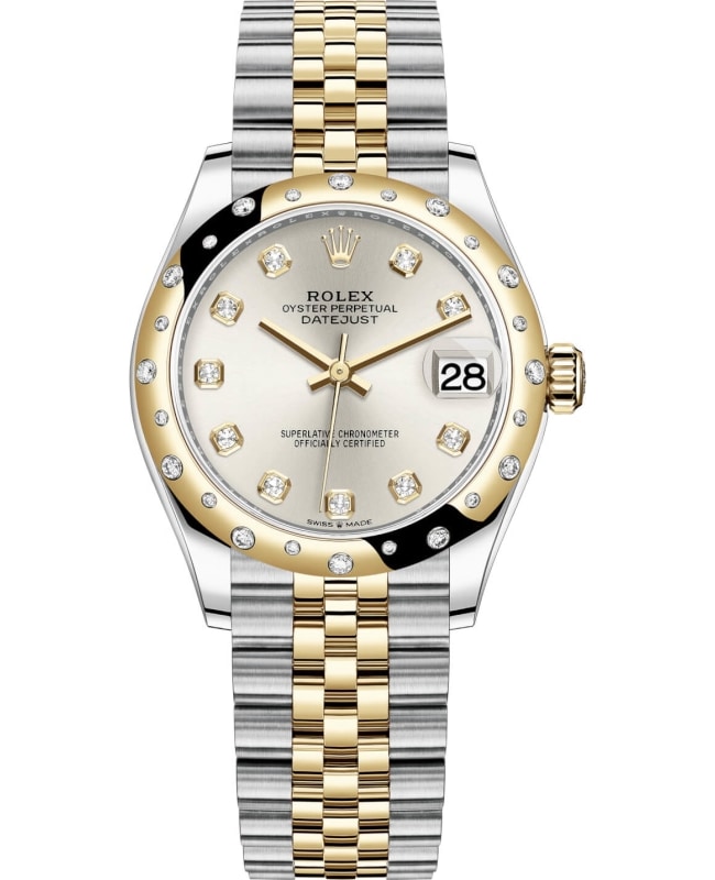 Rolex Datejust 31 Stainless Steel and Yellow Gold Silver Diamond Dial Domed Diamond Bezel Womens Watch M278343RBR0020 M278343RBR0020