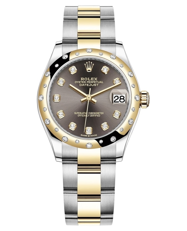 Rolex Datejust 31 Stainless Steel and Yellow Gold Dark Grey Diamond Dial Domed Diamond Bezel Women's Watch M278343RBR-0021