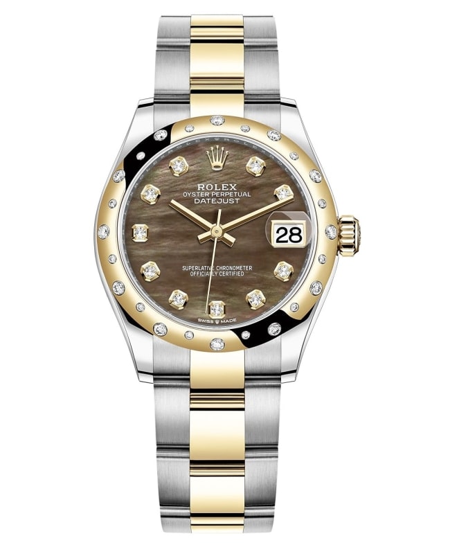 Rolex Datejust 31 Stainless Steel and Yellow Gold Black Mother of Pearl Diamond Dial Domed Diamond Bezel Women's Watch M278343RBR-0023