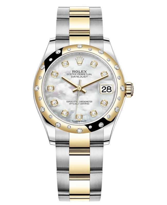 Rolex Datejust 31 Stainless Steel and Yellow Gold Mother of Pearl Diamond Dial Domed Diamond Bezel Women's Watch M278343RBR-0027