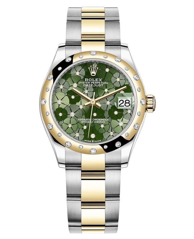 Rolex Datejust 31 Stainless Steel and Yellow Gold Olive Green Floral-Motif Diamond Dial Domed Diamond Bezel Women's Watch M278343RBR-0031