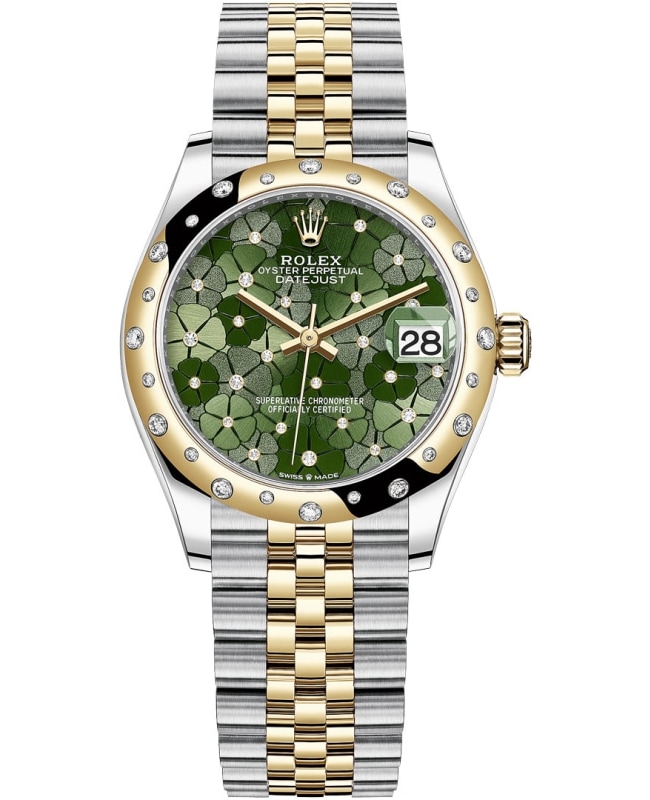 Rolex Datejust 31 Stainless Steel and Yellow Gold Olive Green Floral-Motif Diamond Dial Domed Diamond Bezel Women's Watch M278343RBR-0032