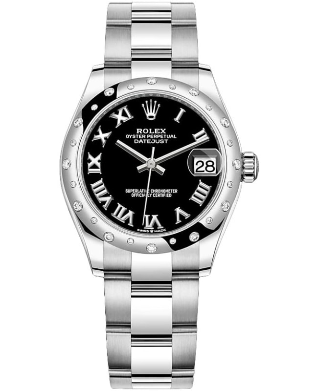 Rolex Datejust 31 Stainless Steel and White Gold Black Roman Dial Domed Diamond Bezel Women's Watch M278344RBR-0001