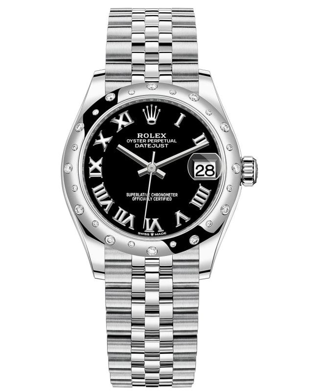 Rolex Datejust 31 Stainless Steel and White Gold Black Roman Dial Domed Diamond Bezel Women's Watch M278344RBR-0002