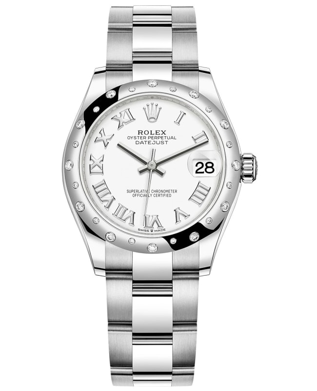 Rolex Datejust 31 Stainless Steel and White Gold White Roman Dial Domed Diamond Bezel Women's Watch M278344RBR-0011