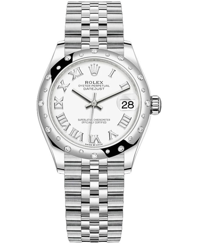 Rolex Datejust 31 Stainless Steel and White Gold White Roman Dial Domed Diamond Bezel Women's Watch M278344RBR-0012