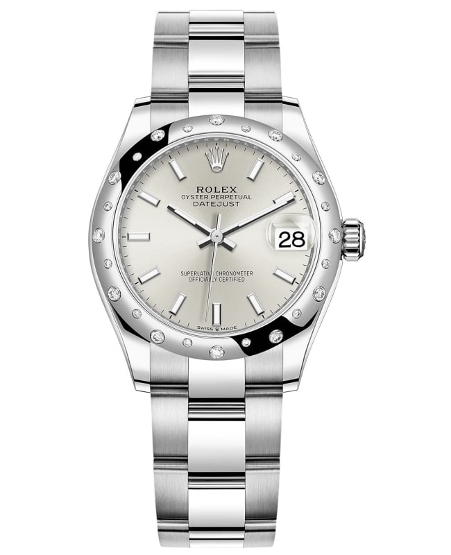 Rolex Datejust 31 Stainless Steel and White Gold Silver Dial Domed Diamond Bezel Women's Watch M278344RBR-0013