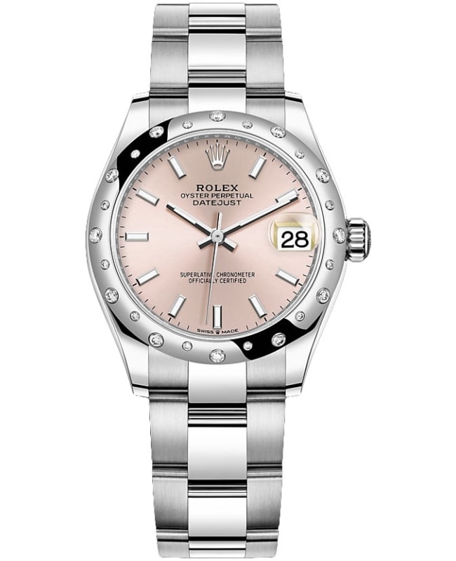 Rolex Datejust 31 Stainless Steel and White Gold Pink Dial Domed Diamond Bezel Women's Watch M278344RBR-0015