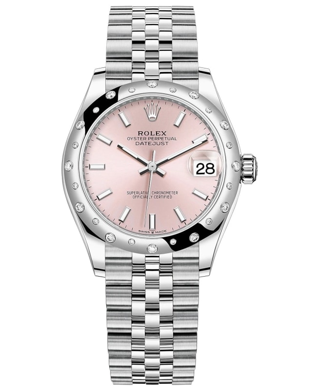 Rolex Datejust 31 Stainless Steel and White Gold Pink Dial Domed Diamond Bezel Womens Watch M278344RBR0016 M278344RBR0016