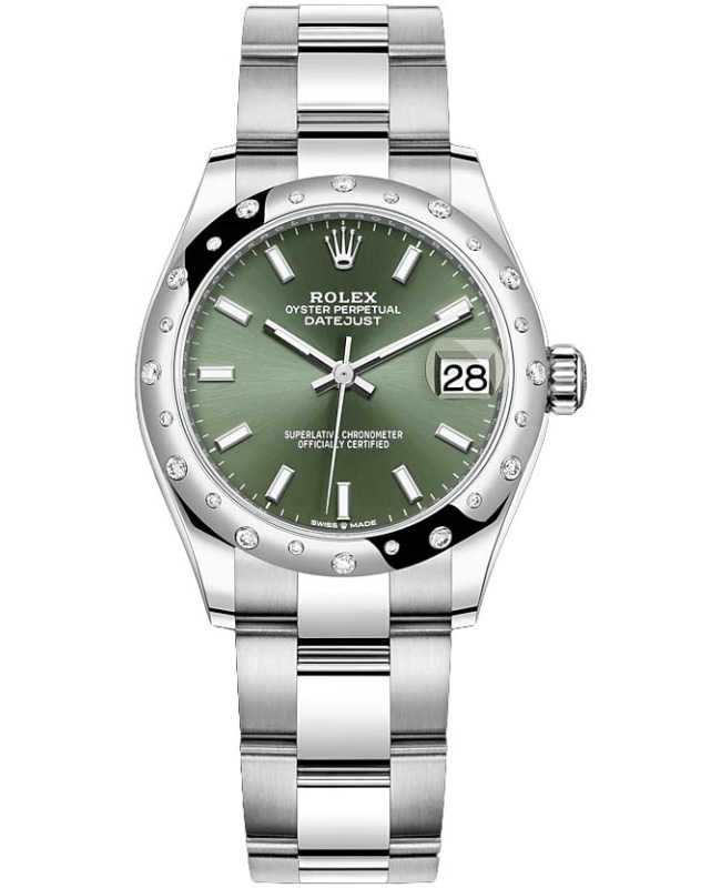 Rolex Datejust 31 Stainless Steel and White Gold Mint Green Dial Domed Diamond Bezel Women's Watch M278344RBR-0019