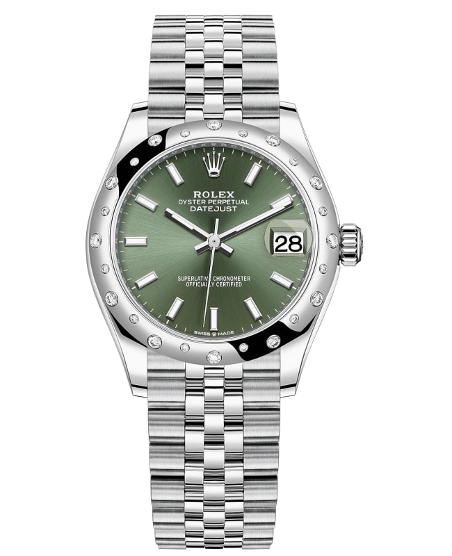 Rolex Datejust 31 Stainless Steel and White Gold Mint Green Dial Domed Diamond Bezel Women's Watch M278344RBR-0020
