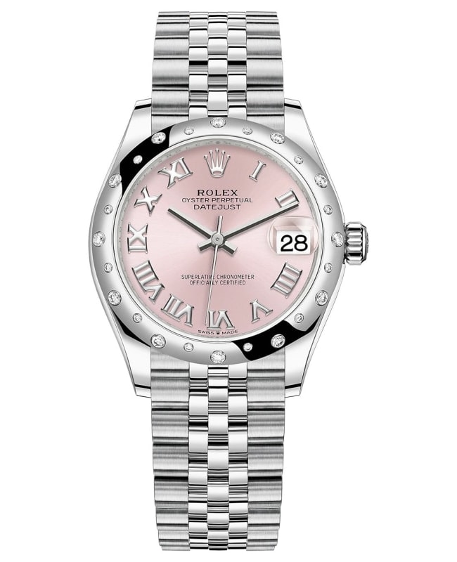 Rolex Datejust 31 Stainless Steel and White Gold Pink Roman Dial Domed Diamond Bezel Women's Watch M278344RBR-0022