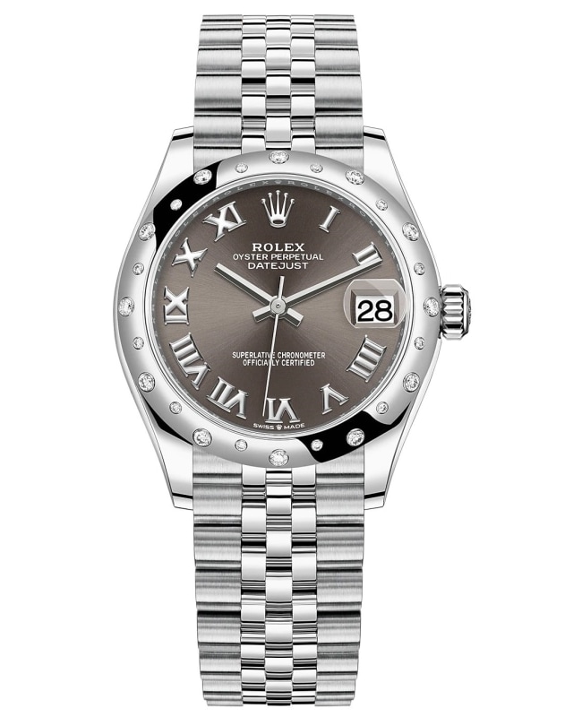 Rolex Datejust 31 Stainless Steel and White Gold Dark Grey Roman Dial Domed Diamond Bezel Women's Watch M278344RBR-0024