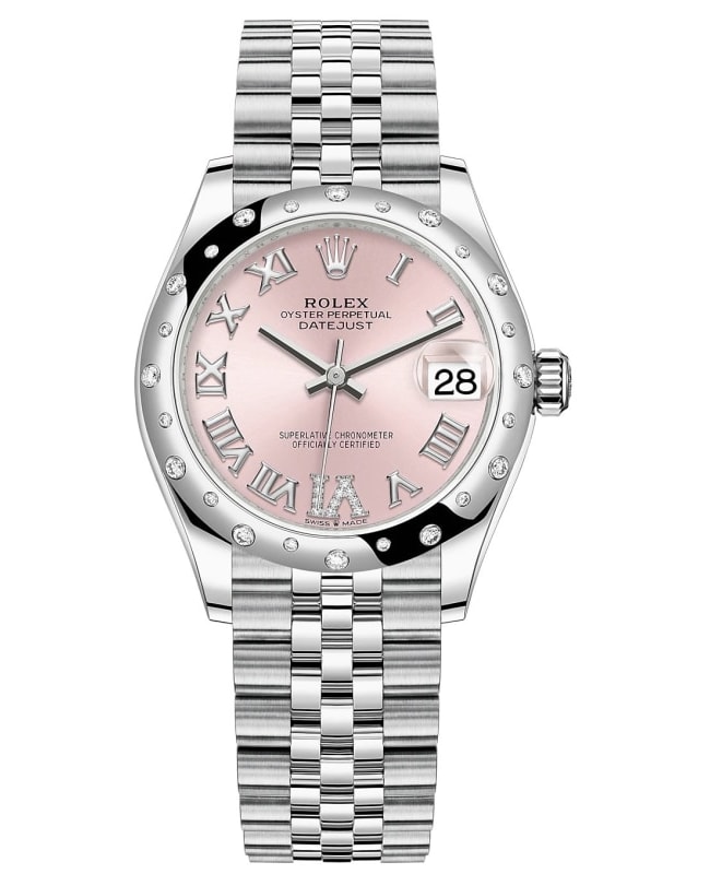 Rolex Datejust 31 Stainless Steel and White Gold Pink Pave Roman Dial Domed Diamond Bezel Women's Watch M278344RBR-0026