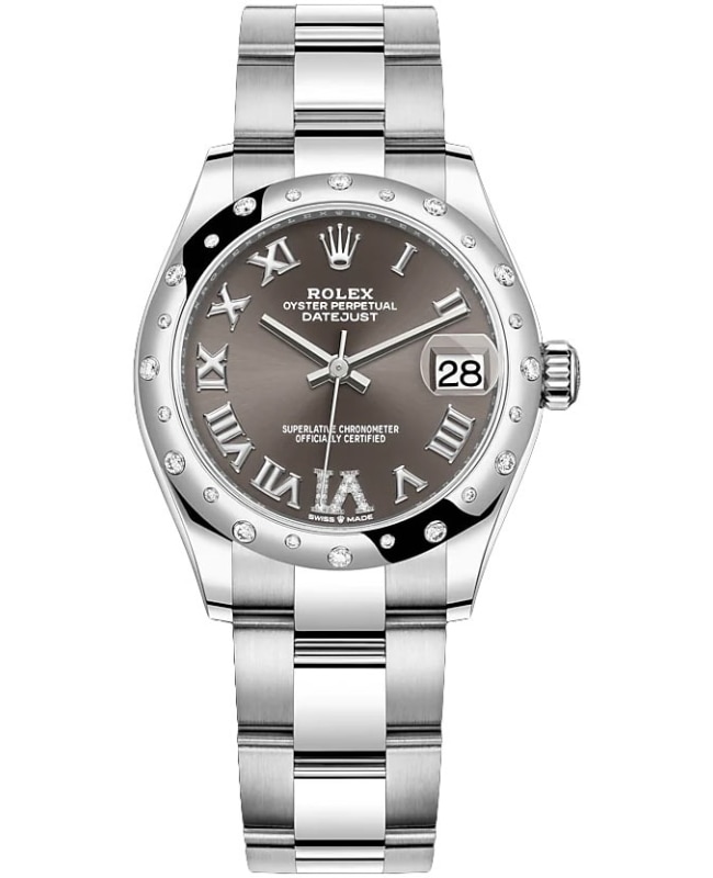 Rolex Datejust 31 Stainless Steel and White Gold Dark Grey Pave Roman Dial Domed Diamond Bezel Women's Watch M278344RBR-0029