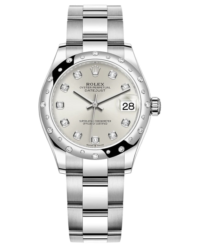 Rolex Datejust 31 Stainless Steel and White Gold Silver Diamond Dial Domed Diamond Bezel Women's Watch M278344RBR-0031
