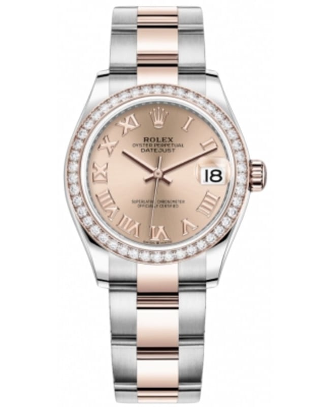 Rolex Datejust 31 Stainless Steel and Rose Gold Rose Roman Dial Diamond Bezel Women's Watch M278381RBR-0001