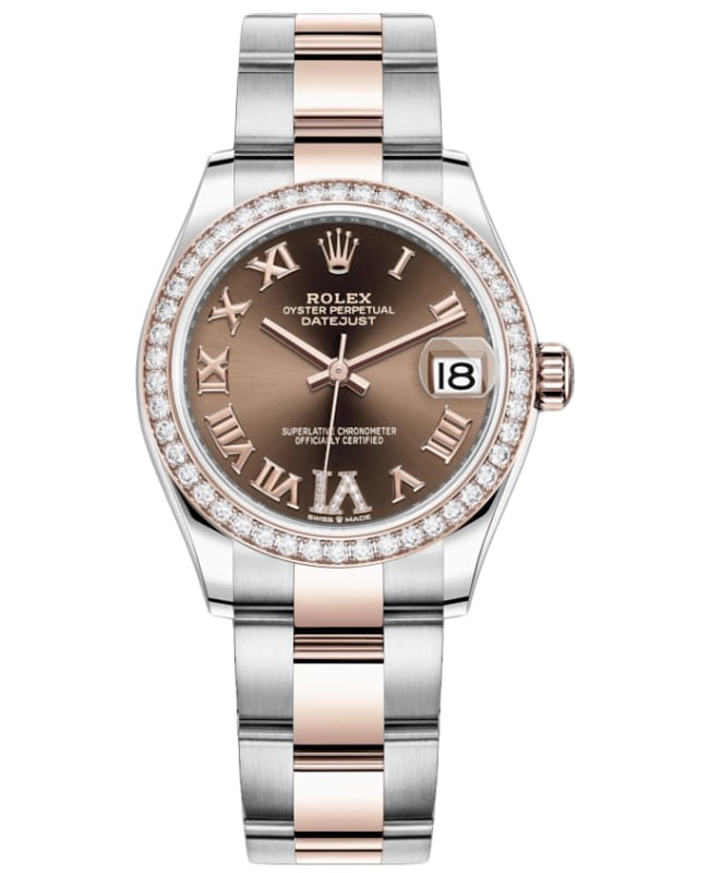 Rolex Datejust 31 Stainless Steel and Rose Gold Chocolate Pave Roman Dial Diamond Bezel Women's Watch M278381RBR-0005