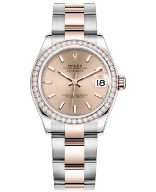 Rolex Datejust 31 Stainless Steel and Rose Gold Rose Dial Diamond Bezel Women's Watch M278381RBR-0009
