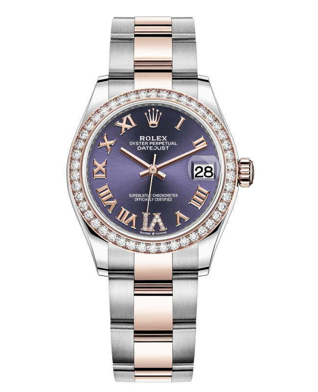 Rolex Datejust 31 Stainless Steel and Rose Gold Aubergine Pave Roman Dial Diamond Bezel Women's Watch M278381RBR-0019