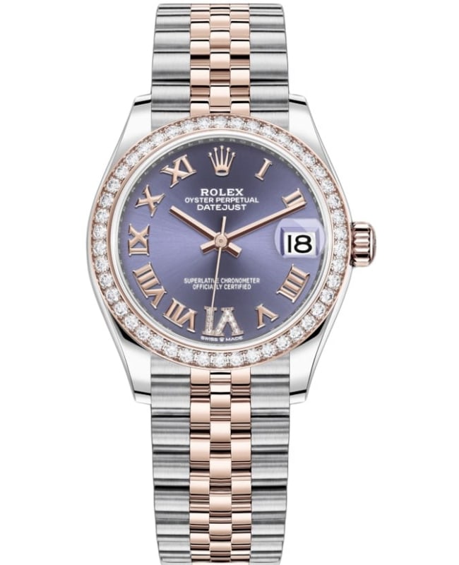 Rolex Datejust 31 Stainless Steel and Rose Gold Aubergine Pave Roman Dial Diamond Bezel Women's Watch M278381RBR-0020