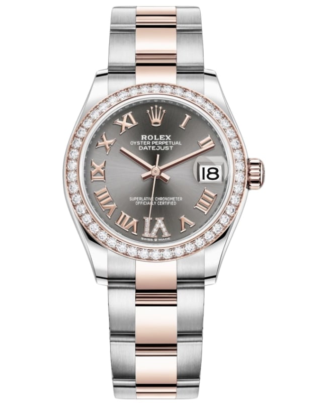 Rolex Datejust 31 Stainless Steel and Rose Gold Slate Pave Roman Dial Diamond Bezel Women's Watch M278381RBR-0029