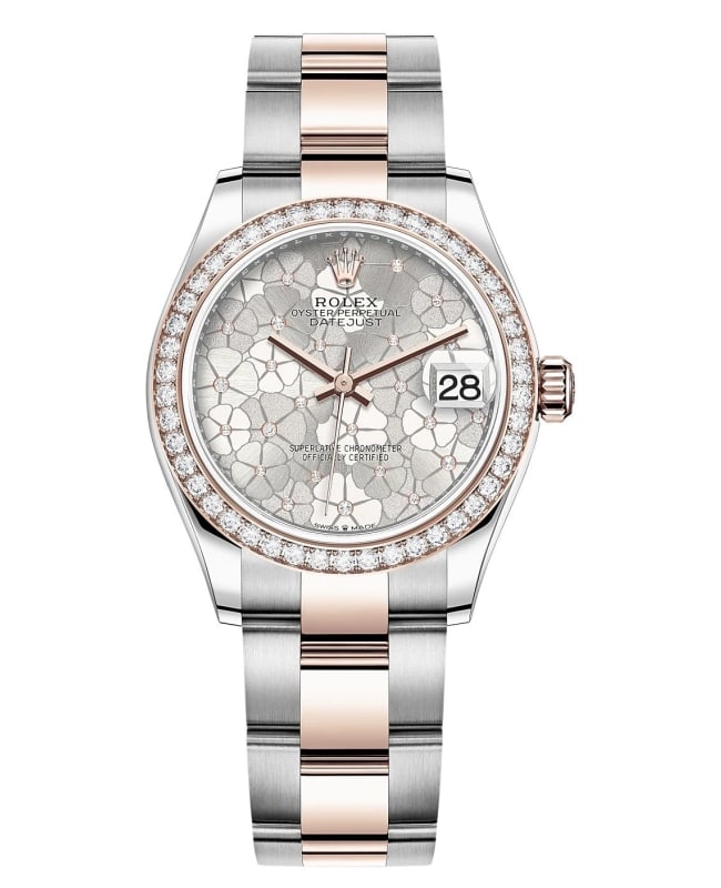 Rolex Datejust 31 Stainless Steel and Rose Gold Silver Floral-Motif Diamond Dial Diamond Bezel Women's Watch M278381RBR-0031