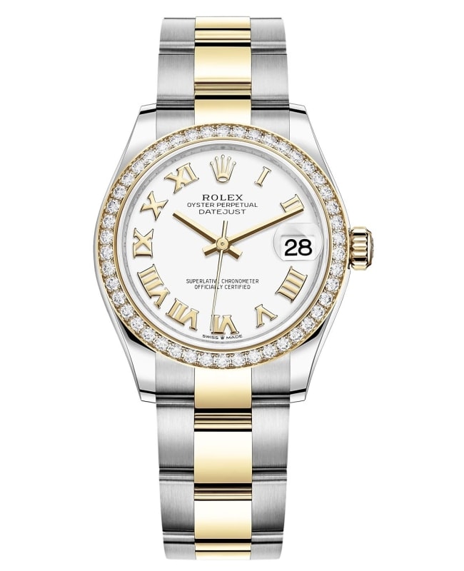 Rolex Datejust 31 Stainless Steel and Yellow Gold White Roman Dial Diamond Bezel Women's Watch M278383RBR-0001