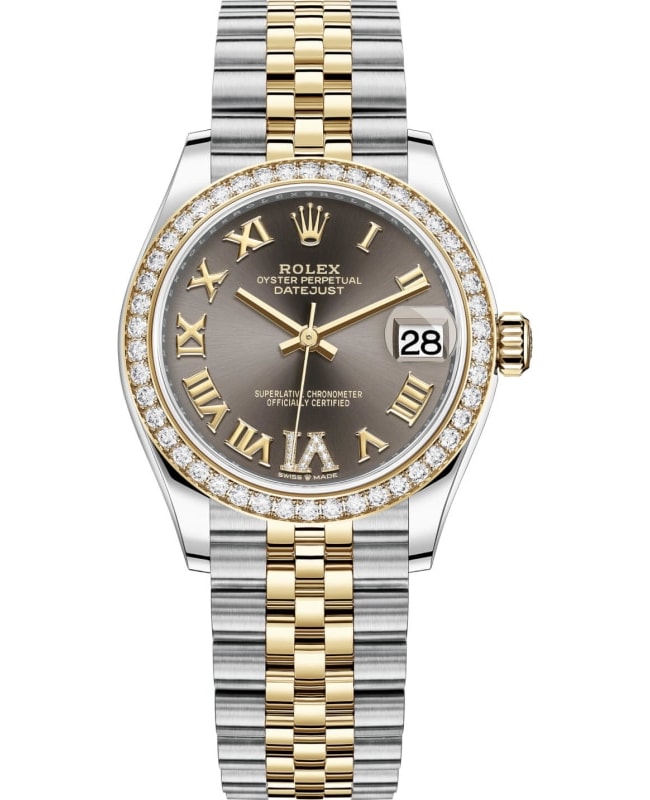 Rolex Datejust 31 Stainless Steel and Yellow Gold Dark Grey Pave Roman Dial Diamond Bezel Womens Watch M278383RBR0018 M278383RBR0018