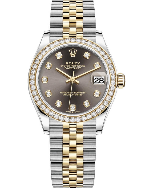 Rolex Datejust 31 Stainless Steel and Yellow Gold Dark Grey Diamond Dial Diamond Bezel Women's Watch M278383RBR-0022
