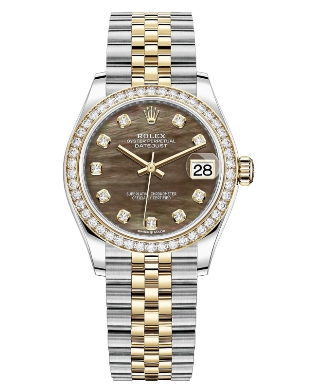 Rolex Datejust 31 Stainless Steel and Yellow Gold Black Mother of Pearl Diamond Dial Diamond Bezel Women's Watch M278383RBR-0024