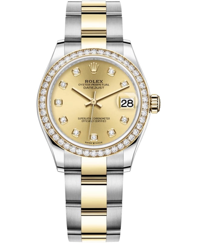 rolex datejust 31 stainless steel and yellow gold champagne diamond dial diamond bezel womens watch m278383rbr0025 m278383rbr0025