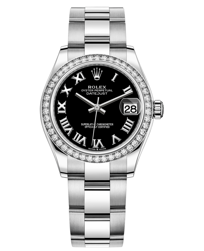 Rolex Datejust 31 Stainless Steel and White Gold Black Roman Dial Diamond Bezel Women's Watch M278384RBR-0001