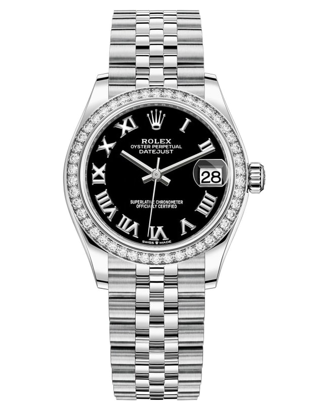 Rolex Datejust 31 Stainless Steel and White Gold Black Roman Dial Diamond Bezel Women's Watch M278384RBR-0002