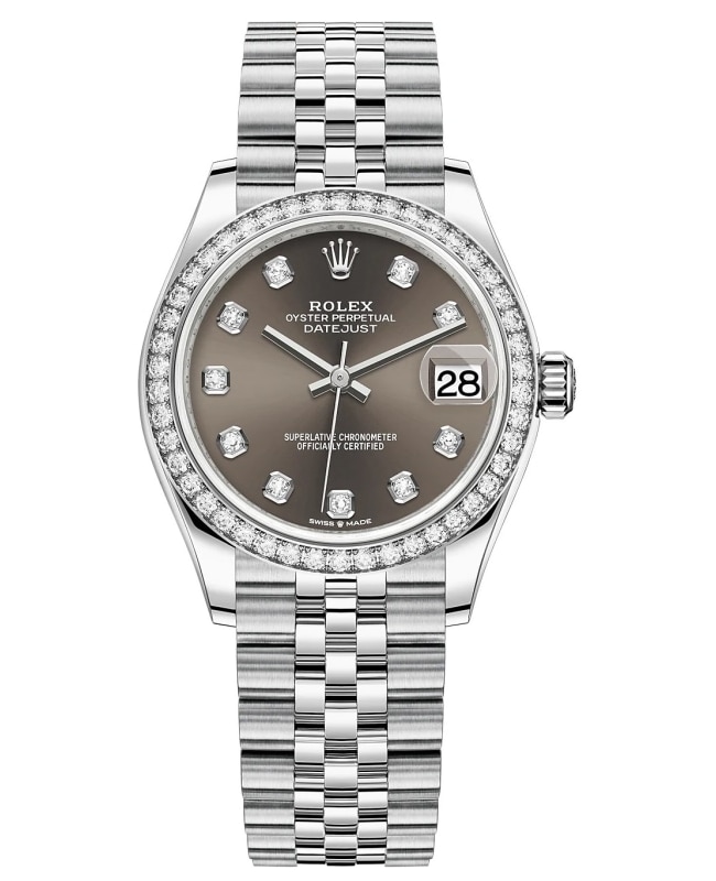 Rolex Datejust 31 Stainless Steel and White Gold Dark Grey Diamond Dial Diamond Bezel Womens Watch M278384RBR0010 M278384RBR0010