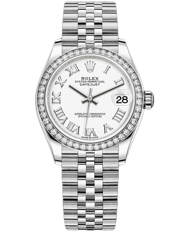 rolex datejust 31 stainless steel and white gold white roman dial diamond bezel womens watch m278384rbr0014 m278384rbr0014
