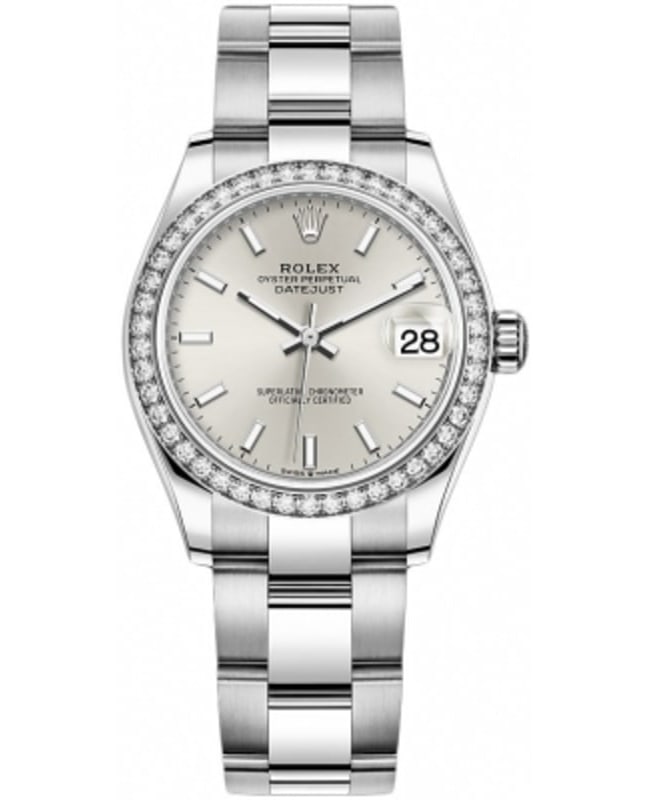 Rolex Datejust 31 Stainless Steel and White Gold Silver Dial Domed Diamond Bezel Women's Watch M278384RBR-0015