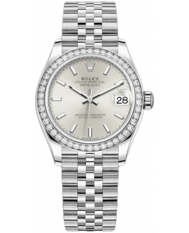 Rolex Datejust 31 Stainless Steel and White Gold Silver Dial Domed Diamond Bezel Women's Watch M278384RBR-0016