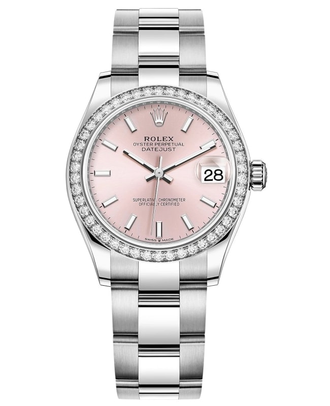 Rolex Datejust 31 Stainless Steel and White Gold Pink Dial Diamond Bezel Women's Watch M278384RBR-0017