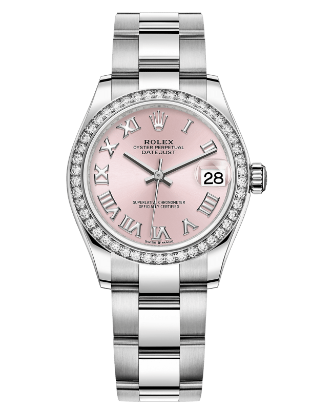 Rolex Datejust 31 Stainless Steel and White Gold Pink Roman Dial Diamond Bezel Women's Watch M278384RBR-0023